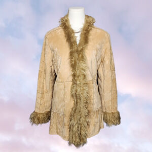 Vtg Y2k Manners Club Faux Suede Coat ItGirl Faux Fur Fuzzy Trim Pennylane Sz XL